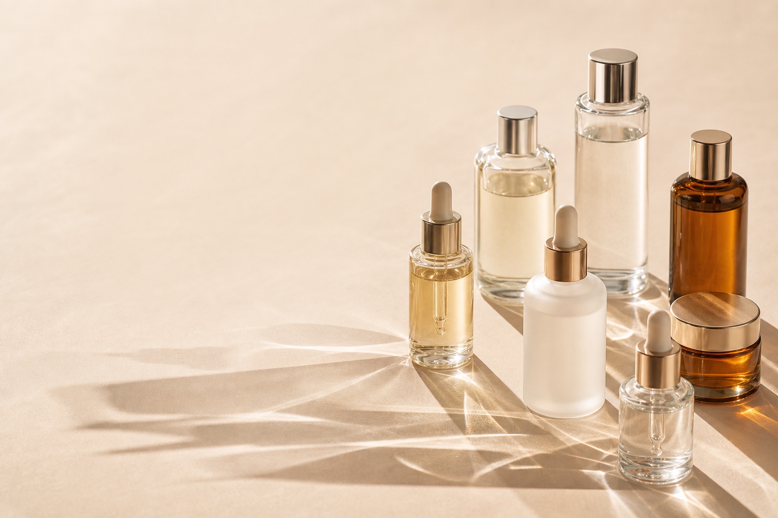 Glass skincare bottle collection — Vella cosmetic packaging supplier