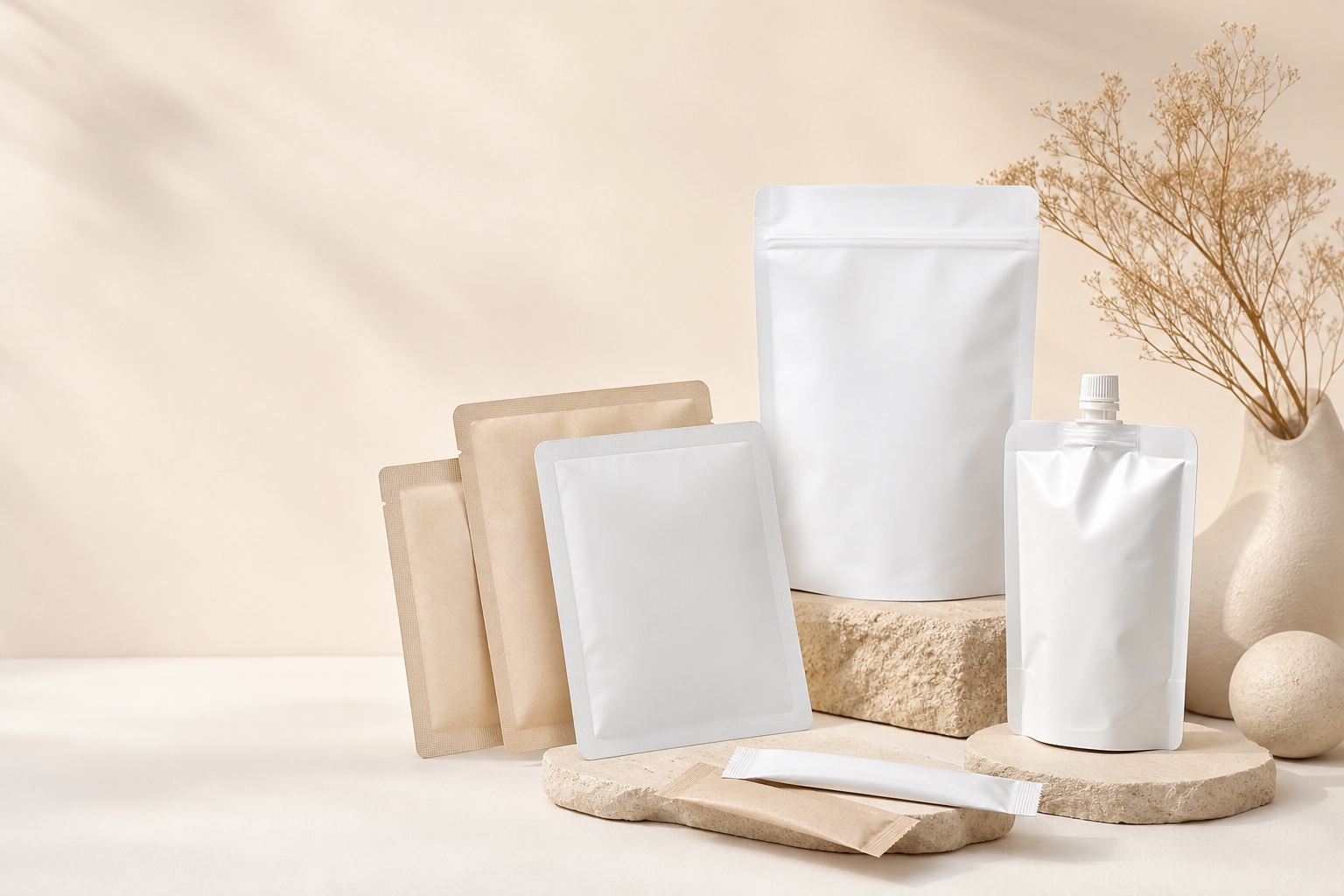 Cosmetic flexible packaging pouch collection — sheet mask, sachet, stand-up, spout — Vella