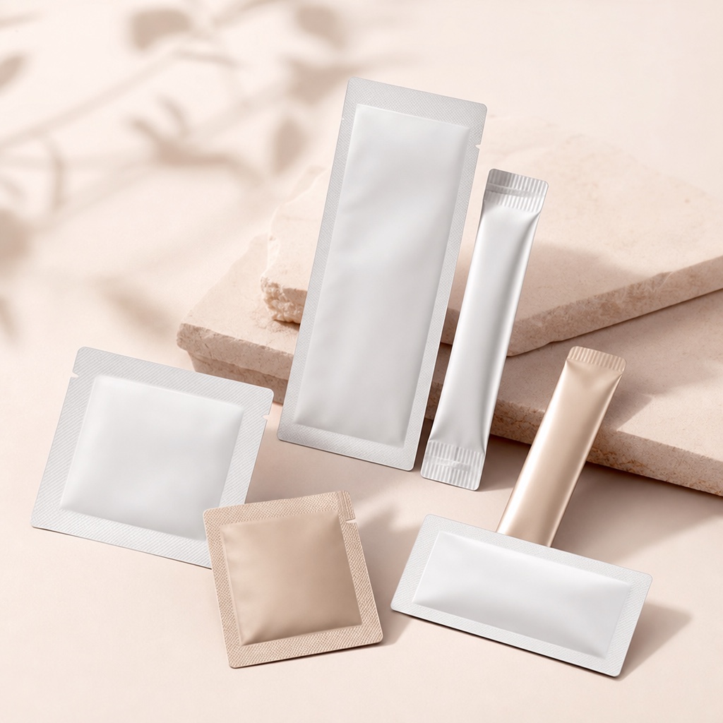 Cosmetic sample sachets for skincare acquisition